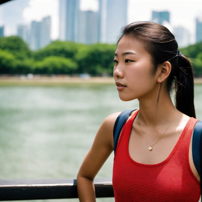 A happy international student with a backpack, looking out at an Australian cityscape.
