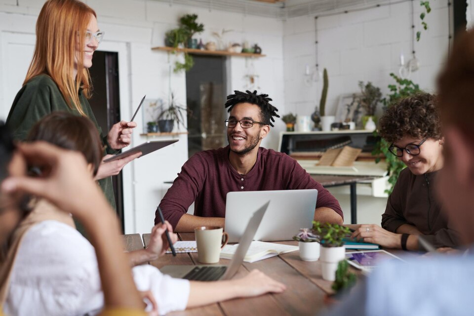 Workplacement interns collaborating in a modern office setting