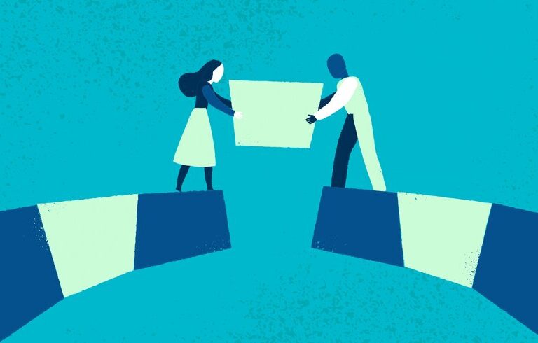 An abstract illustration of two characters building a bridge together, symbolizing teamwork and collaboration.