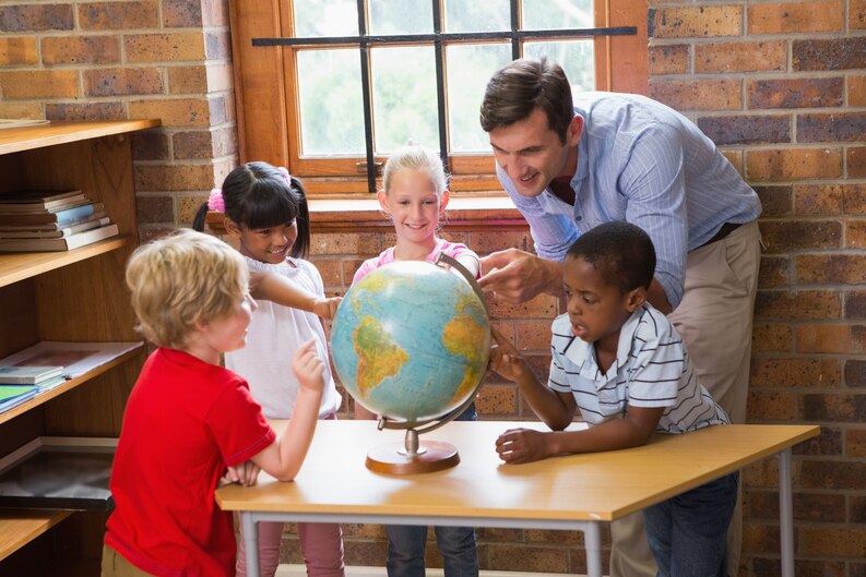 Children demonstrating school readiness skills in a classroom.