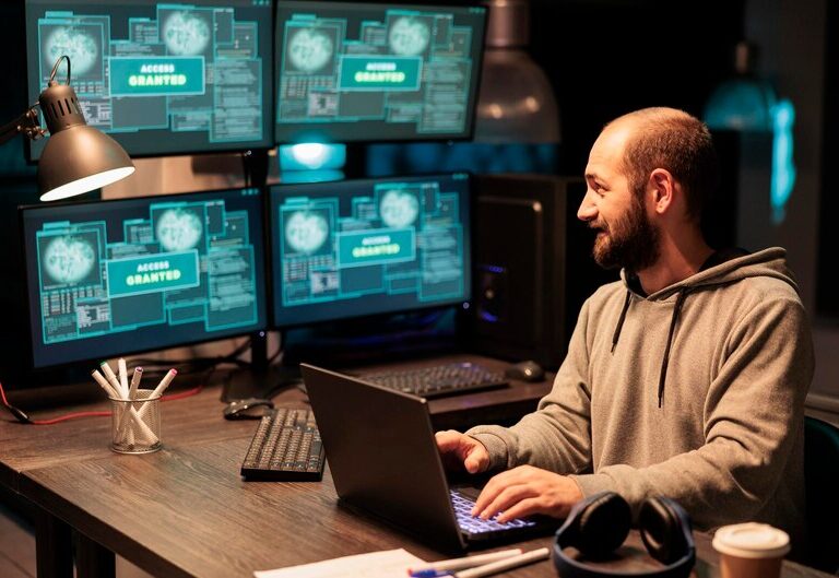 Professional working on a secure computer system.