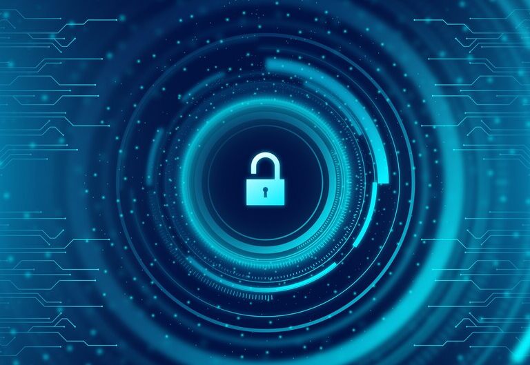 Digital padlock on a glowing circuit board representing cybersecurity.