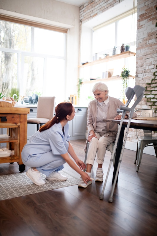 Caregiver helping an elderly person with daily tasks.