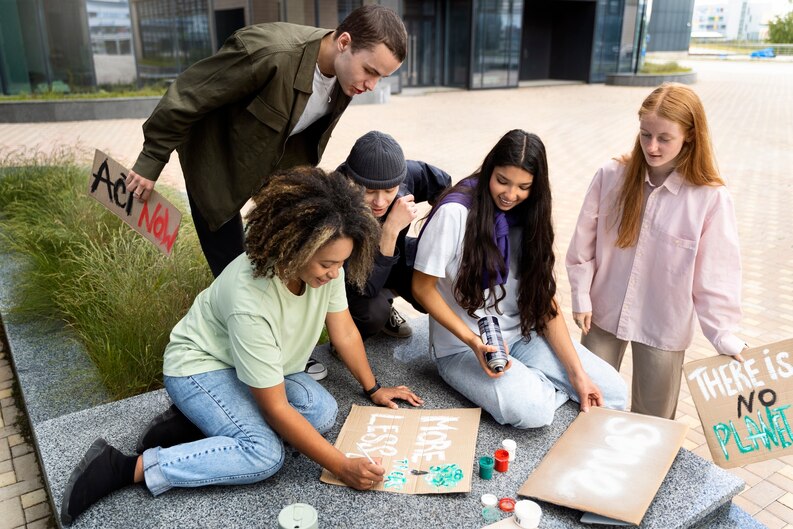 Students practicing community service skills in a training environment.