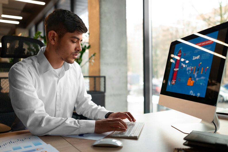 Student working on a laptop with digital analytics.