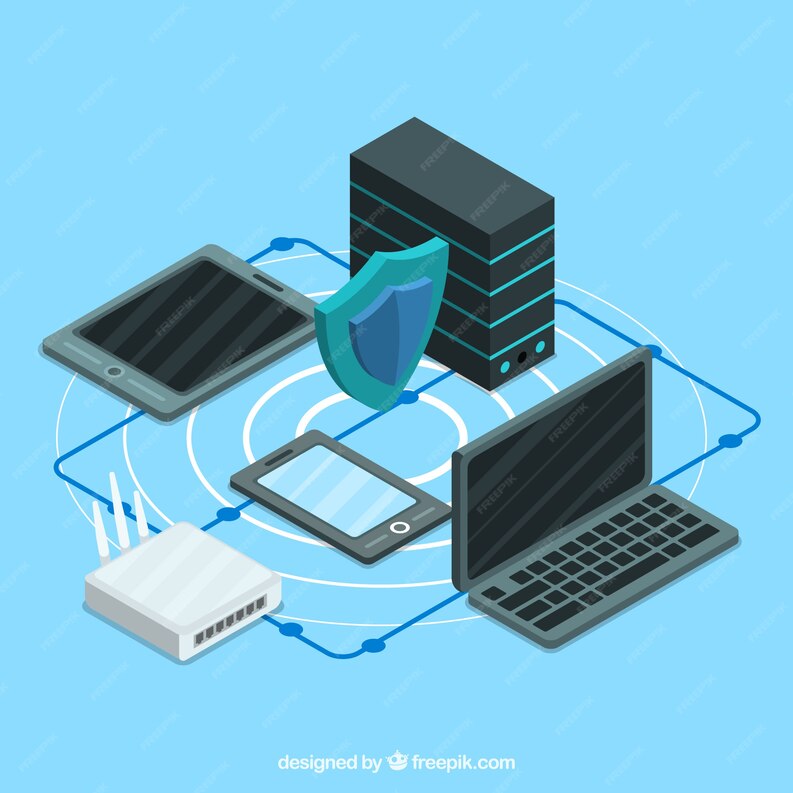 Network diagram showing security protocols such as firewalls and VPNs.