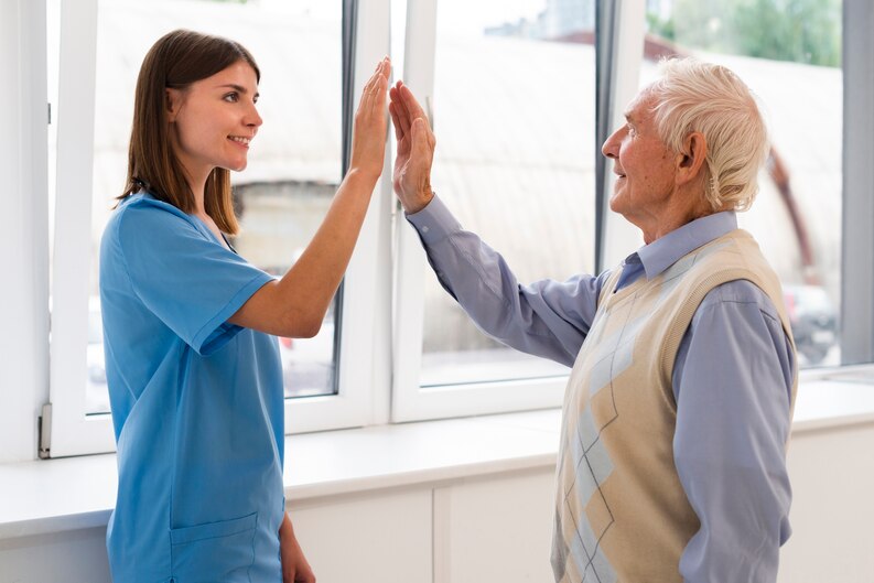 Happy caregiver with a client.