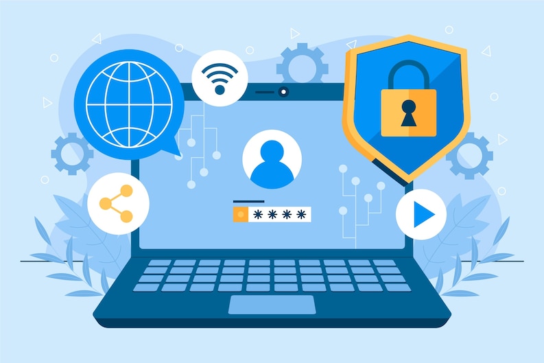 Icons representing different cyber threats like malware, phishing, and ransomware.