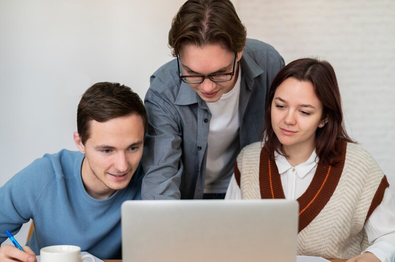 Student researching company background online.