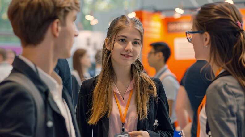 Students interacting with employers at a campus career fair.