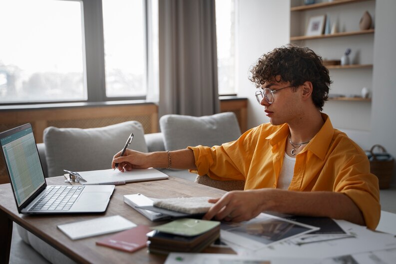 Young student budgeting while working from home