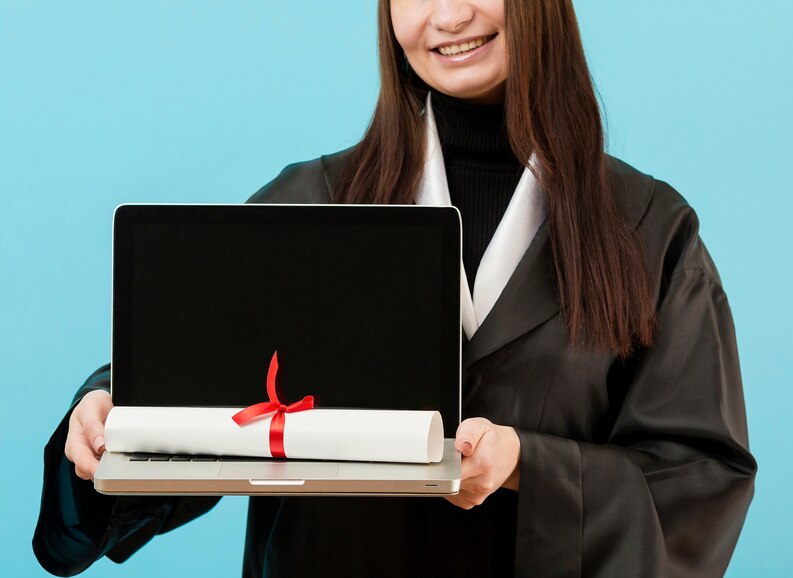 Happy student holding a certificate on a virtual screen