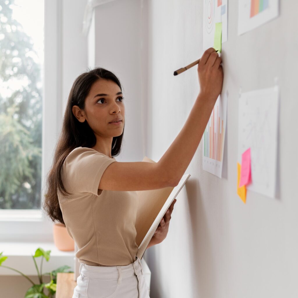 Clear communicator presenting points on whiteboard