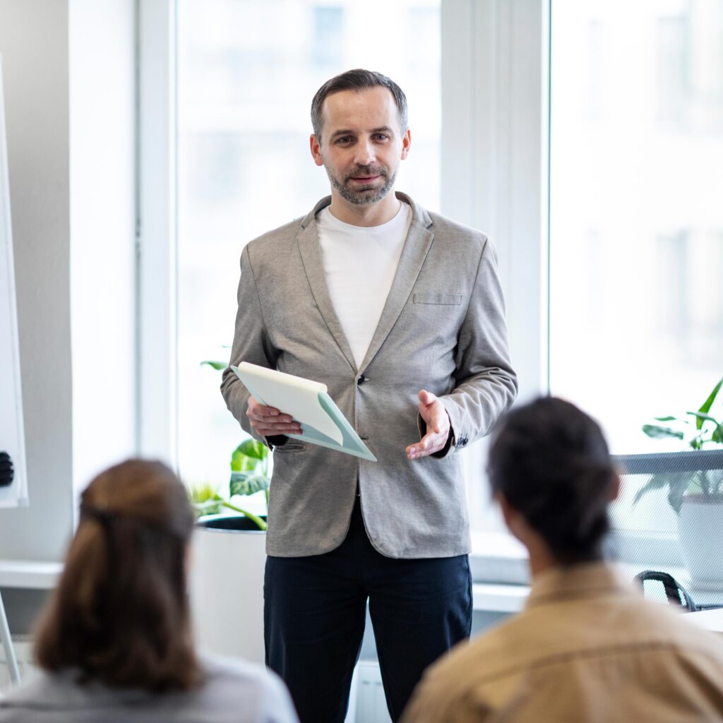 Confident speaker using positive body language